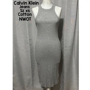 NWOT Calvin Klein Jeans Ribbed Dress-Sz xs-Gray-Cotton-Tank Style-Long Length